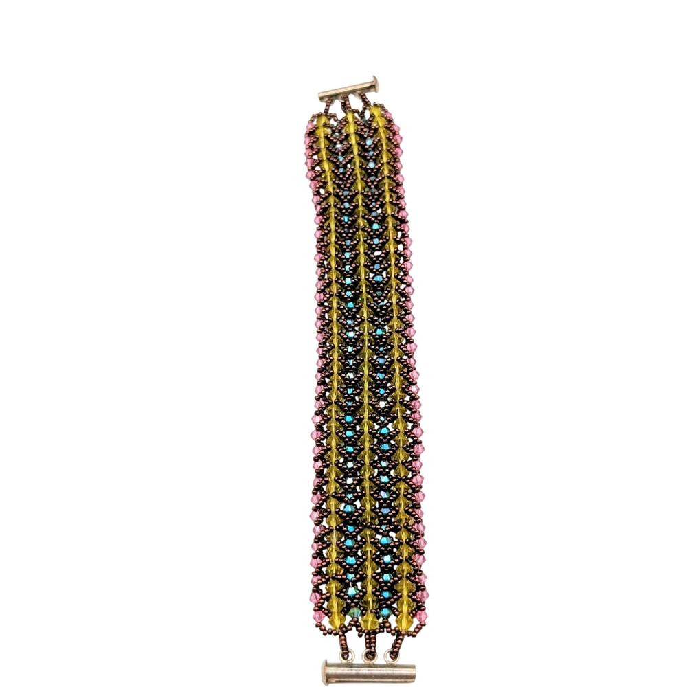 Hand Made Wide Woven Crystal Beaded Bracelet With Unique Slide In Barrel Clasp